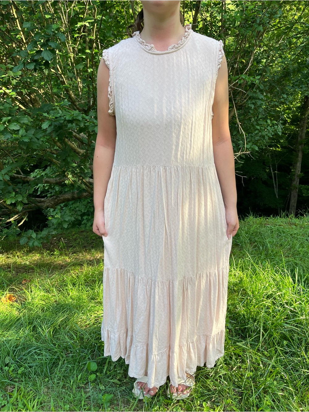 Cracker Barrel Cream Textured Ruffle-Trim Midi Dress